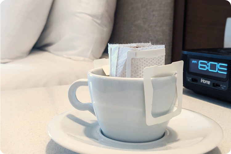 Drip bag coffee available in a luxury boutique hotel